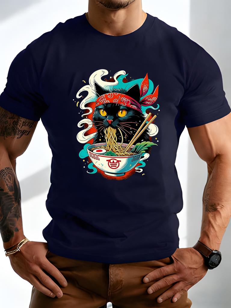 Japanese Raunisex Black Cat Art Print Unisexs Crew Neck Short Sleeve Casual Streetwear Basic Summer Daily Soft Comfort Fit Tee Shirt