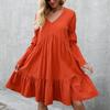 Above Knee Women Spring Summer Bohemian Holiday Dress Straight V-Neck High Loose Waist Full Sleeve Big Swing Ruffle Solid Color M-3XL