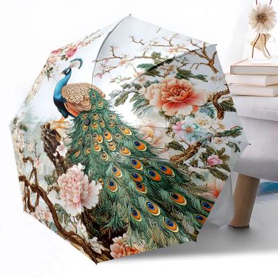 Peacock Elegance In Bloom Compact Travel Automatic Umbrella Folding Umbrella with 8 Ribs Lightweight for Women/Men Compact Folding Umbrella