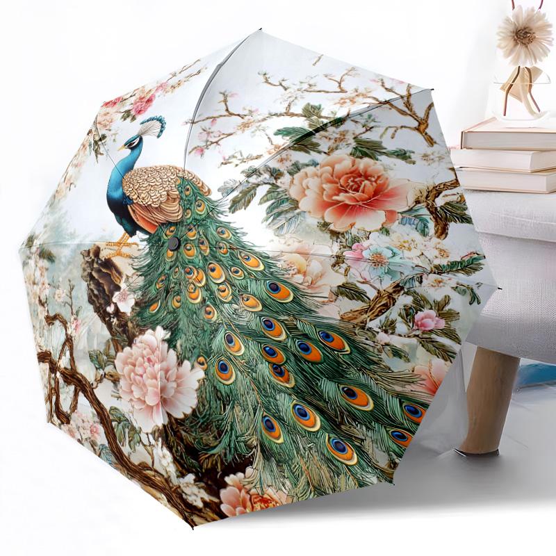Peacock Elegance In Bloom Compact Travel Automatic Umbrella Folding Umbrella with 8 Ribs Lightweight for Women/Men Compact Folding Umbrella
