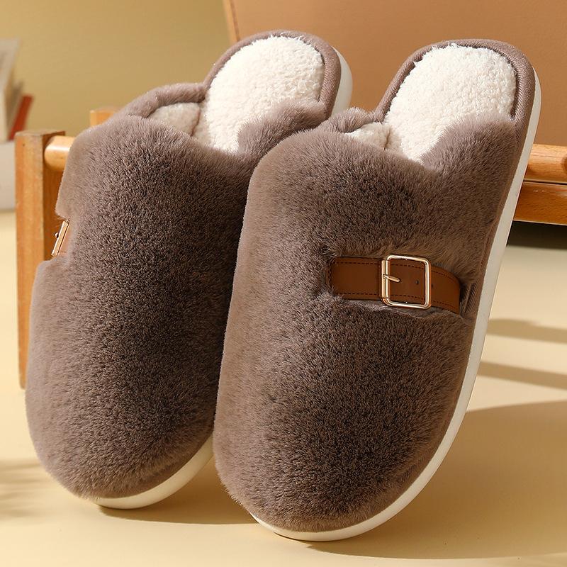 Simple solid color cotton slippers women's autumn and winter home use warm and non-slip couple's premium plush slippers men's