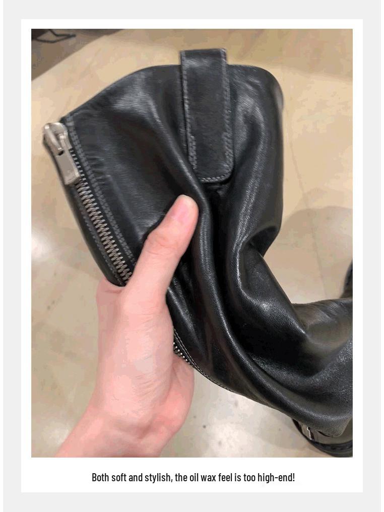 Introducing: Quick-Delivery Mom-Style Grape Boots – Wrinkled Horsehide, Round Toe, Thick Sole, Chunky Heel, Slimming Mid-Calf Knight Boots for Women.