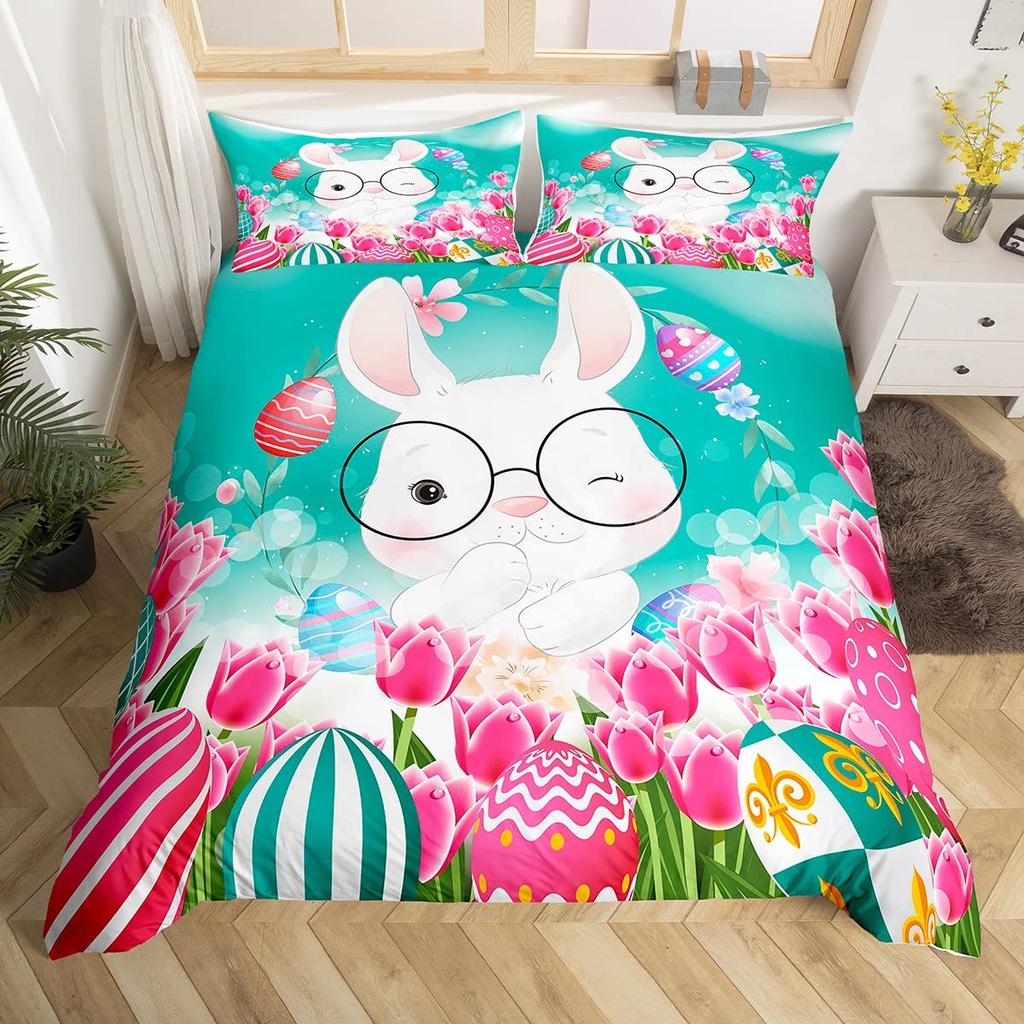 Cartoon Rabbit Duvet Cover Twin Cute Animal On The Moon Quilt Cover Microfiber Cloud Galaxy Space Bedding Set for Boy Girl Gift