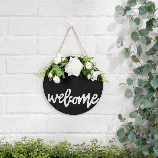 Welcome Sign, with Flower Decor Wear-Resistant Wreath, Front Door Welcome Wreath for Family Friends Co-Workers Garden Balcony