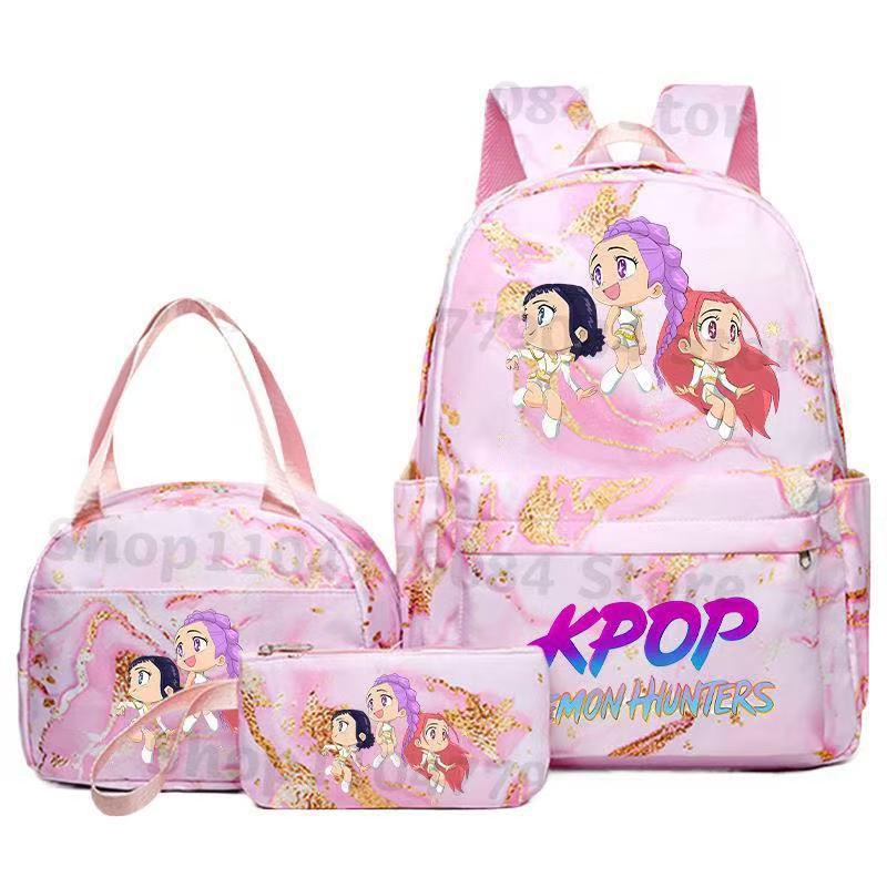KPOP Dämonenjägerin Girlgroup Rucksack, Brotdose & Federmäppchen Set - Anime Schultasche & Bento Box Kombi