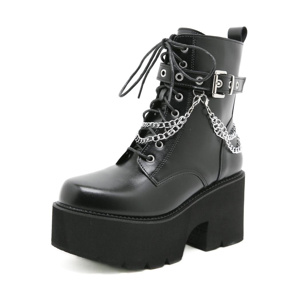 Gdgydh Modern Boots Woman Shoes Gothic Metal Decoration Black Boots Women Heel Sexy Chain Chunky Heel Platform Footwear Zipper