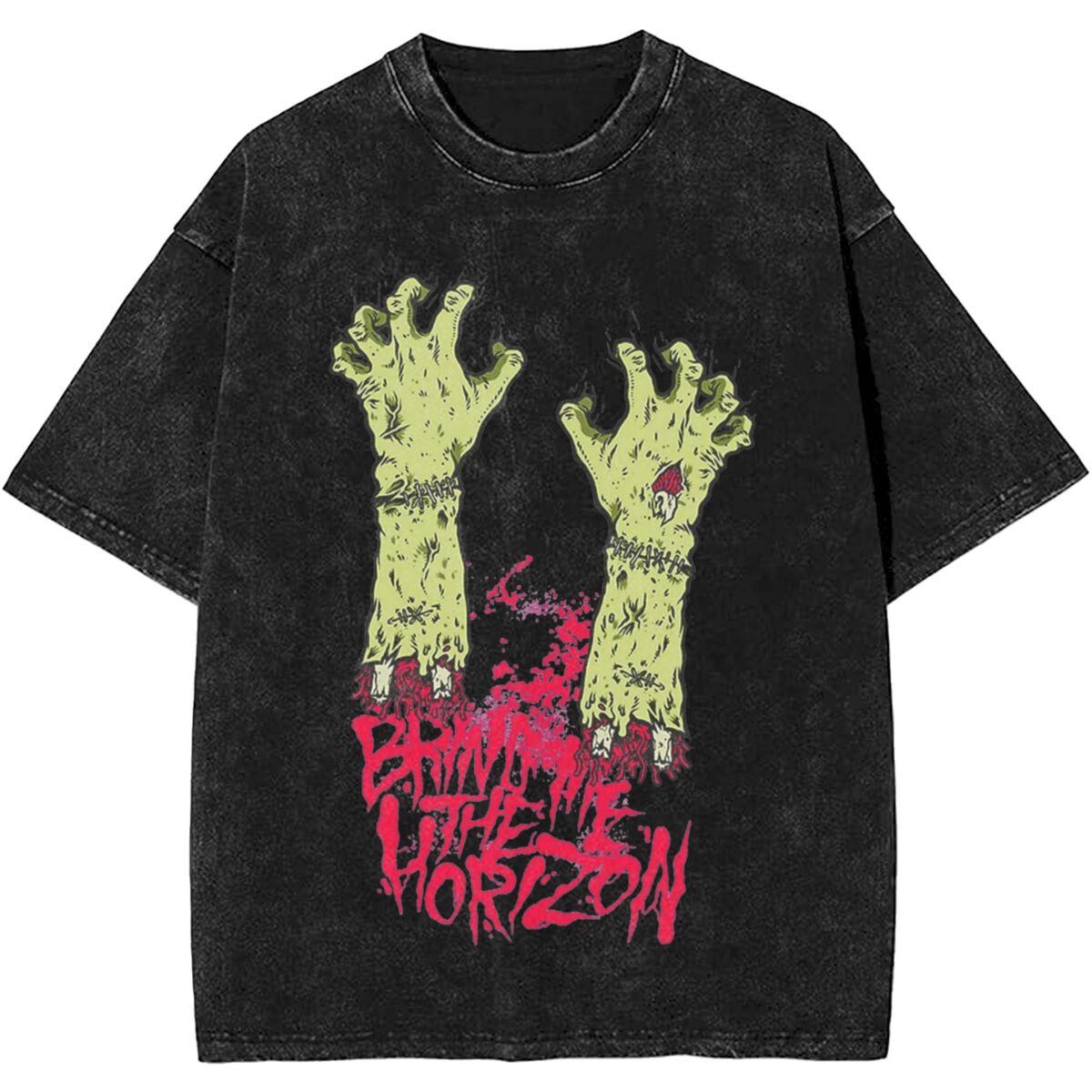 

2024 Monsta Hand BMTH Horizons Rock Band Washed T Shirt Outfit Harajuku T-Shirts for Men Women Tee Shirt 2XL