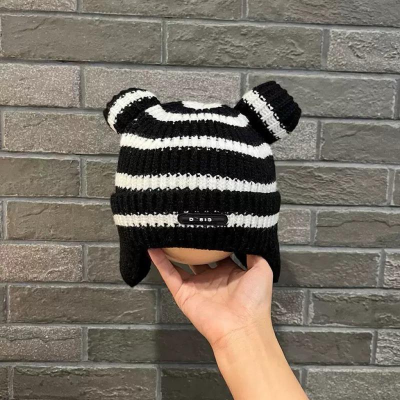 Baby hat autumn and winter striped ear hat cartoon children's warm fleece baby pullover knitted wool hat