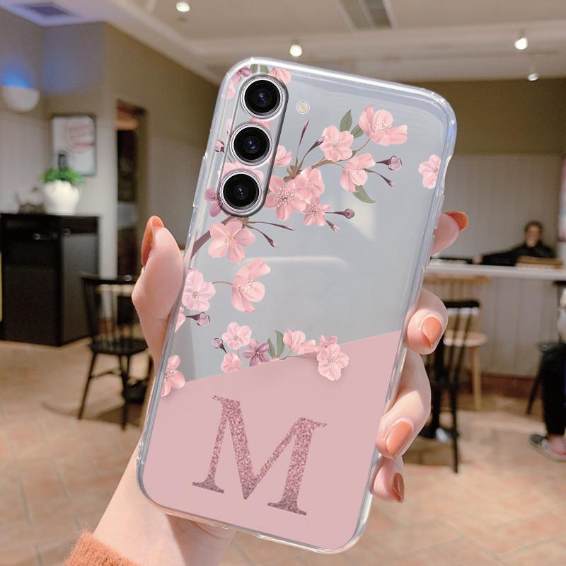 For Samsung Galaxy A25 A14 A24 A34 A54 A15 A56 A06 A17 Phone Case Cover Letter A Z Pink Flowers Clear Soft Back TPU Fundas Shell