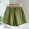 Short Pants with Drawstring High Waist Solid Color Double Pockets Thin Linen Wide Leg Women Casual Shorts Outdoor Streetwear