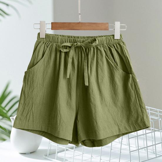 Short Pants with Drawstring High Waist Solid Color Double Pockets Thin Linen Wide Leg Women Casual Shorts Outdoor Streetwear