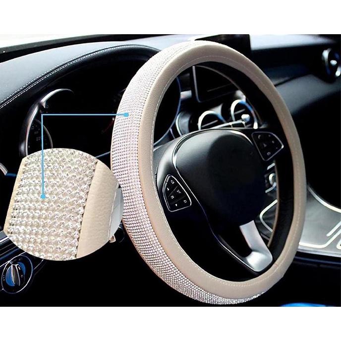 Bling Diamond Beige Leather Steering Wheel Cover Sparkly Crystal Glitter Rhinestones Car Wheel Protector for Women Girl fit