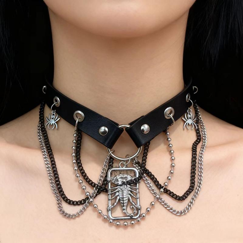 Dark Gothic Punk Metal Spider Pendant Leather Choker Necklace for Women Hip Hop Red Zircon Butterfly Clavicle Chain Jewelry