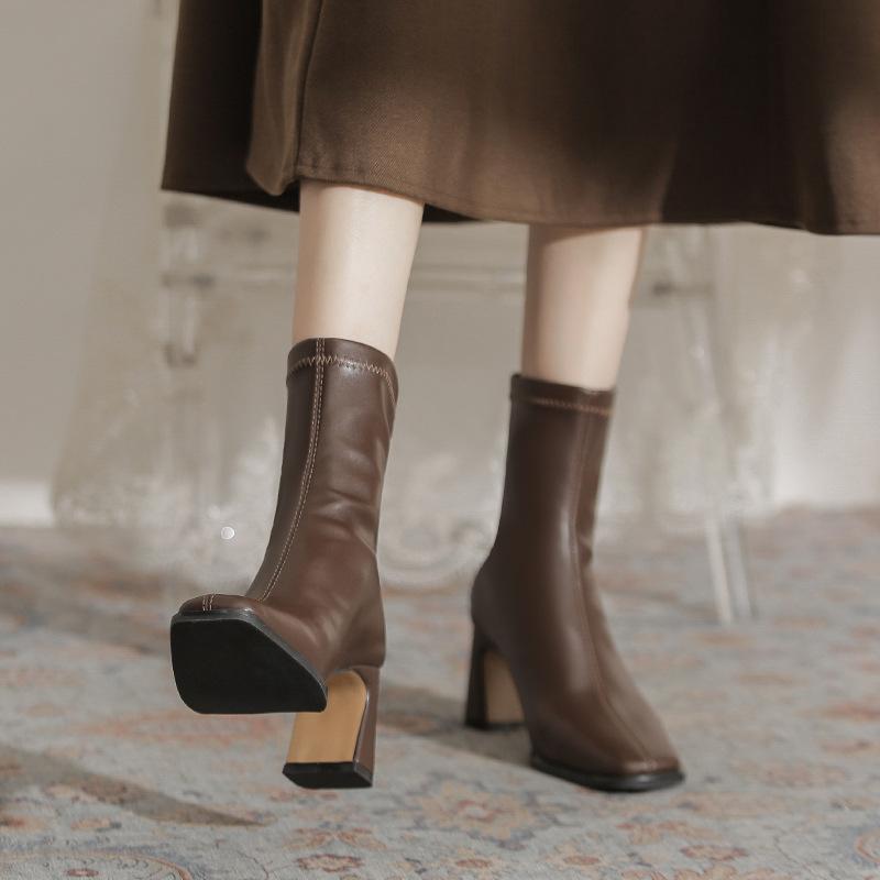 Maillard Style Thick Heel Medium Boots Children's Autumn and Winter New Velvet French Bare Boots with Skirt Elastic Thin Boots