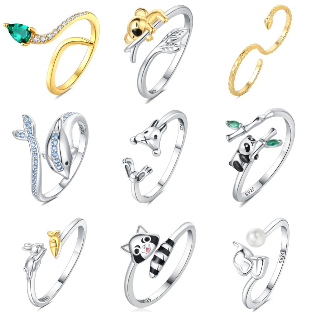 925 Sterling Silver Rabbits Pandas Animals Opening Rings for Women Adjustable Finger Ring Girl Personality Jewelry Party Gifts 2025