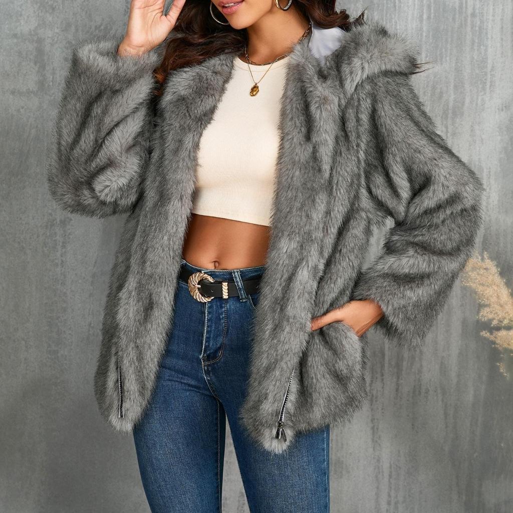 Women's Comfortable Hooded Faux Short Coat Top Plush Warm Coat