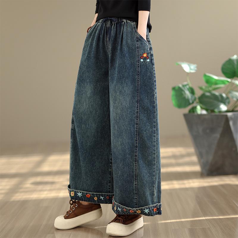 Plus Size Women s Casual Embroidered Denim Wide-Leg Pants L синий