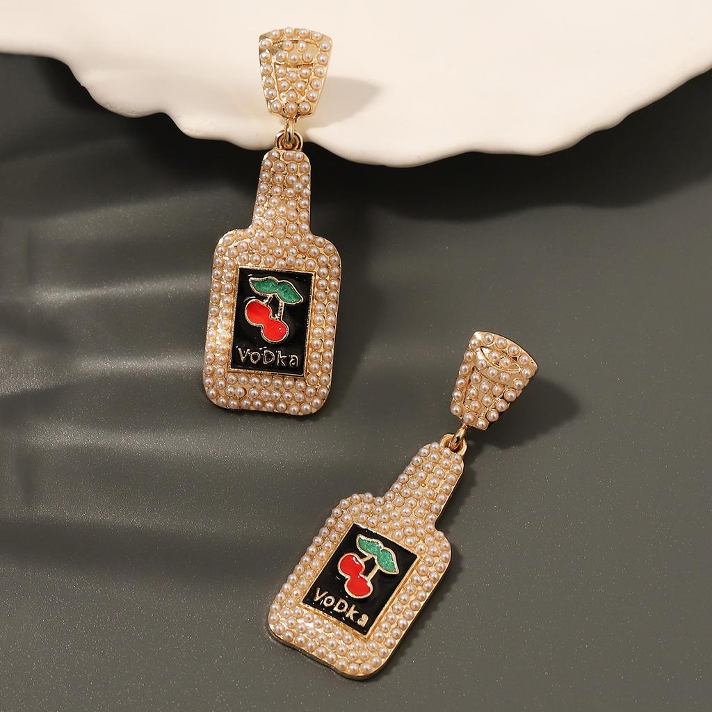 European and American new creative fashion drip alloy imitation pearl geometric wine bottle earrings personality temperament light luxury women