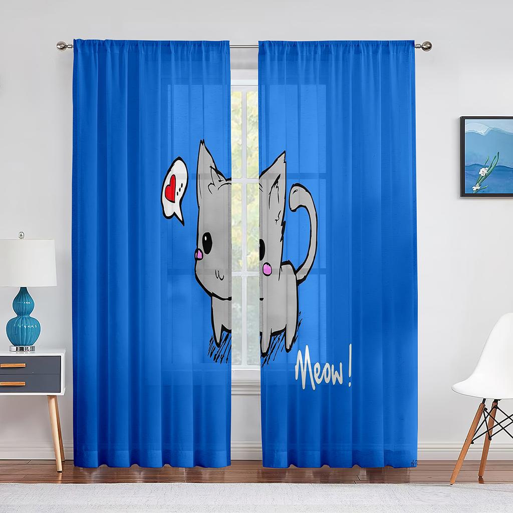 Cartoon Cat Reading Book Pink Sheer Voile Curtain Kawai Animal Window Tulle Curtains for Living Room Kids Bedroom Kitchen Decor