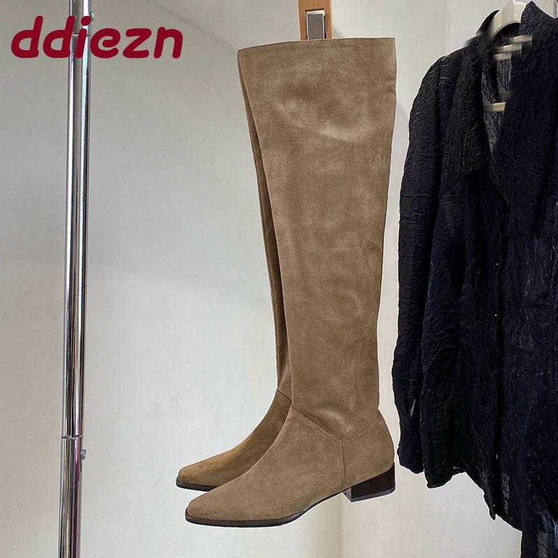 Fashion Fashion Flock Pleated Women Knee High Boots Low Heel Shoes Pointed Toe Modern Ladies Long Boots Female Pumps Shoes