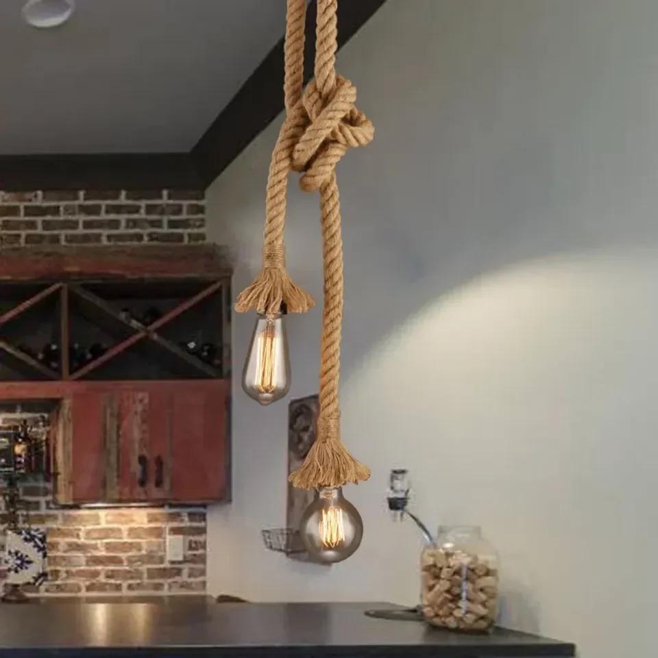 Handwoven Rope Pendant Light Fixture,Rustic E27 Bulb Base,Semi-Flush Mount,Dining Bar Kitchen Lighting,Bulb Not Included,Kitchen