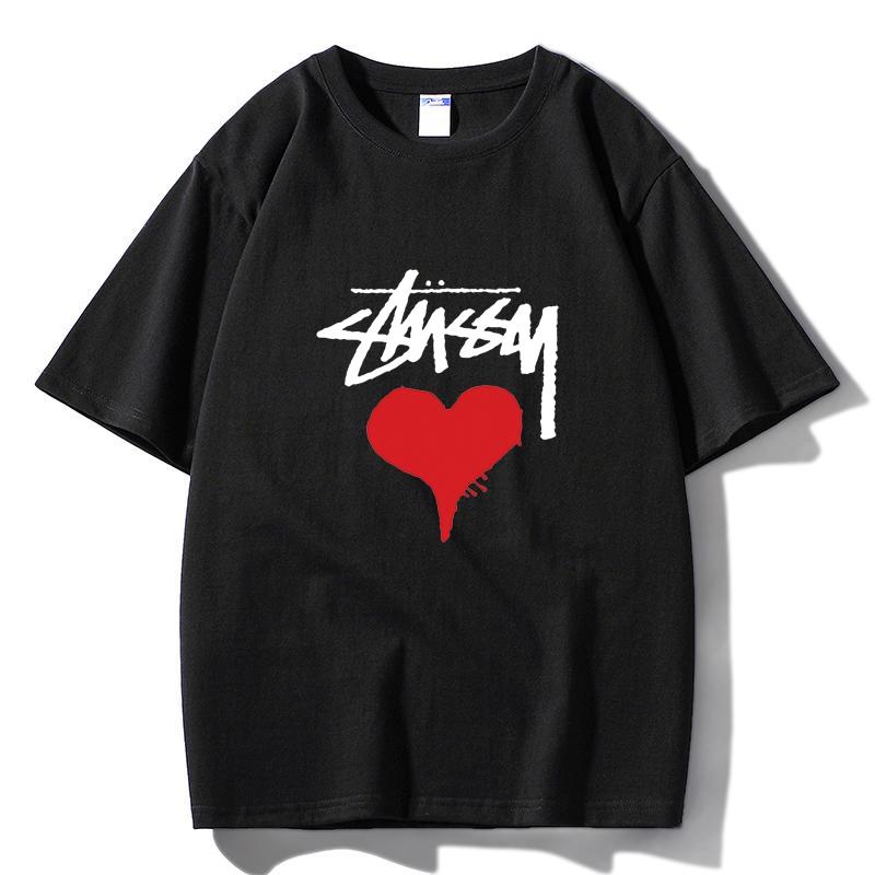 2026 Summer Dripping Heart Print T-Shirt Unisex Casual Oversized White Streetwear Tee XS чёрный