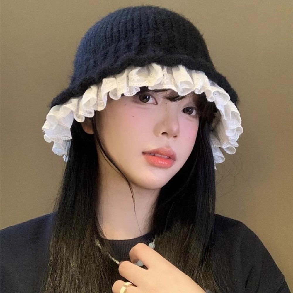 Lace Trim Women Bucket Hat Solid Color Beanie Hat Retro Knitted Fisherman Hat  Women