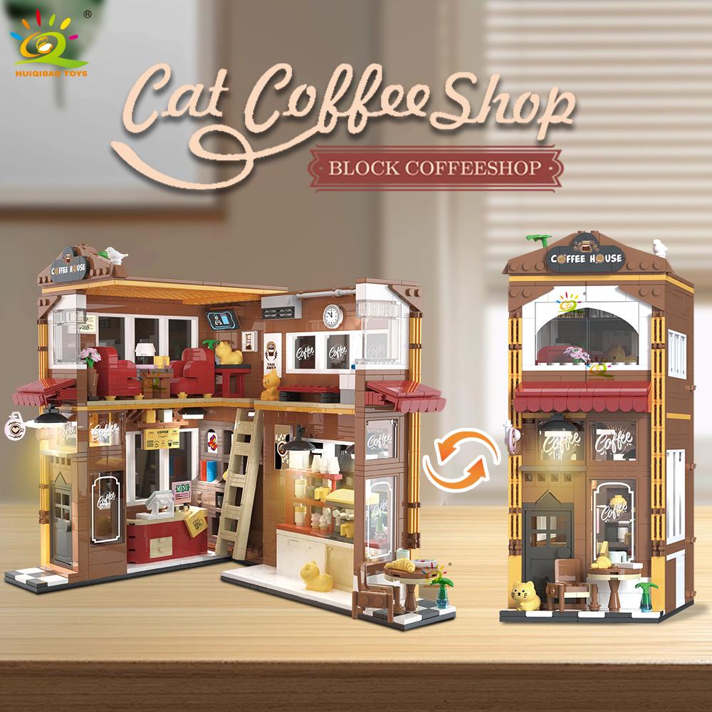 Non-Toxic Moc Cat Cafe Shop Bookends Model Micro Building Block Bookstore Flower Shop Mini Brick Toy For Children Desk Decor.