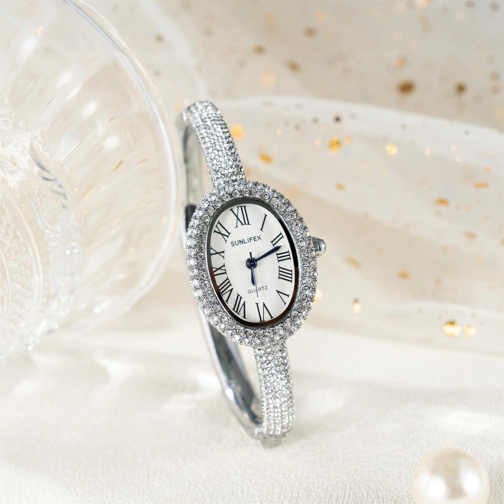 New Luxury Elegant Ladies' Bracelet Wrist Watch Roman Numeral Inlaid Rhinestones Oval Waterproof Women's Quartz Watch Reloj