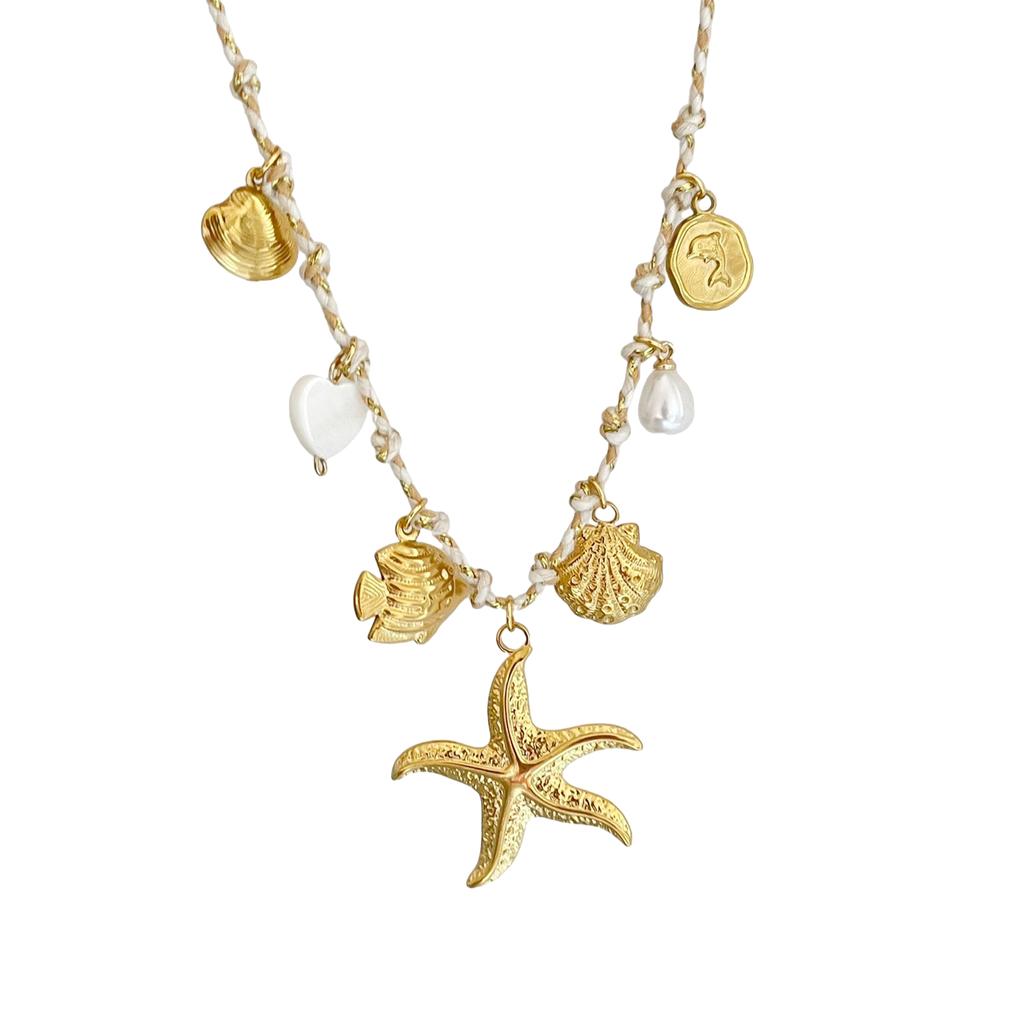 Adjustable Copper Chain Necklace With Marine Life Charm Including Seashells Starfish and Pearls Accent for Casual Wear