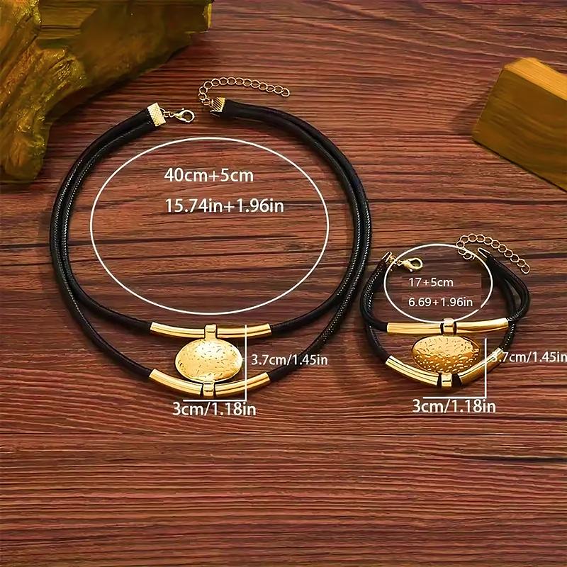2PC/Set Metal Women Jewerly Faux Leather Vintage Gold Silver Color Girls Gifts Oval Necklace Bracelet Set Fashion Women