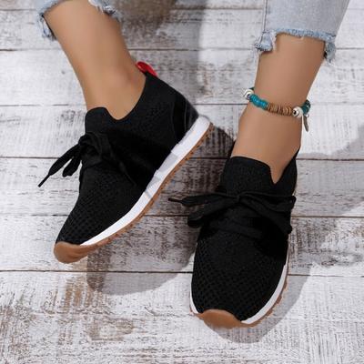 Sapatilhas Femininas Plus Size de Malha Respirável com Cadarço, Sapatos Casuais Leves com Salto Grosso