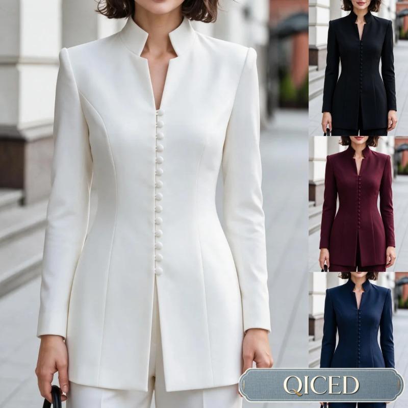 QICED Women's Vintage Casual Solid Color Print Autumn Winter Long Sleeve Stand-up Collar Jackets & Coats Casual Chic