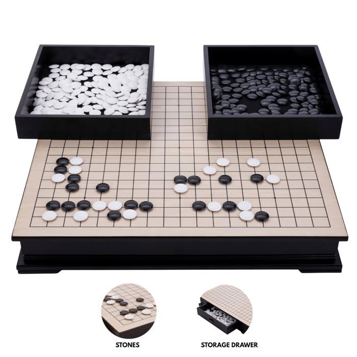 Jeu de Go en bois - ENGELHART - Goban Bois Grand Format 19x19 50x44x8 cm - 361 pierres 21 mm - Tiroirs intégrés