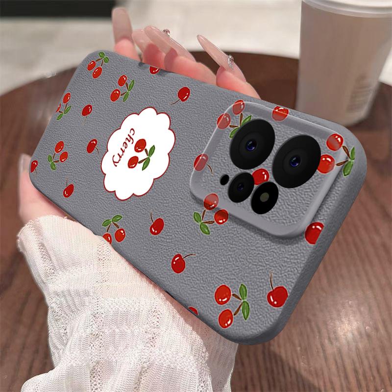 Cute Cherry Print Slim TPU Leather Texture Case For Xiaomi 13T Poco X6 Redmi Note 14 Pro 13 12 11 Soft Matte Shockproof Lens Protection Phone Cover