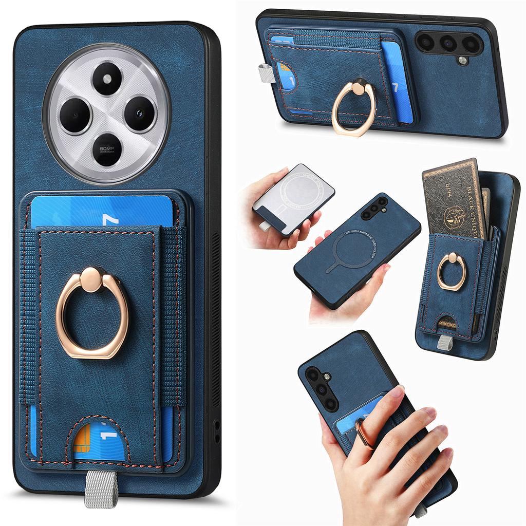 Magnetic Phone Case For Xiaomi Redmi 14C 4G/14R 5G/Poco C75 4G PU Leather Back Cover with Card Holder Ring Kickstand