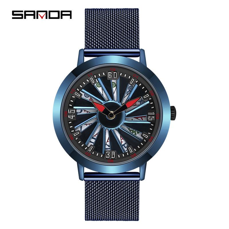 Sanda Men's Creative Rotating Quartz Wristwatch with Mesh Strap