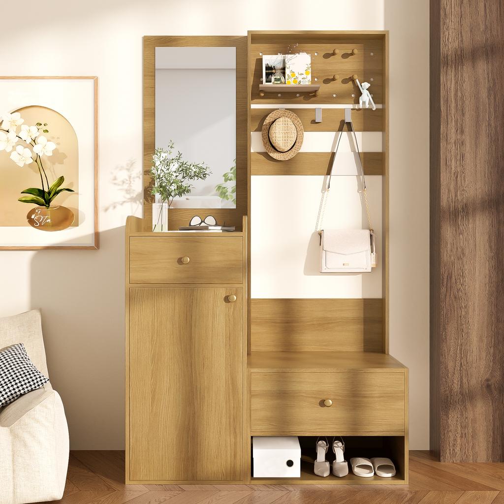 Compact Hallway Wardrobe, Entryway Shelf – Wood-Colored Storage with Mirror, Adjustable Hooks and Shelves for Shoes, Coats and Small Items, 105 Cm