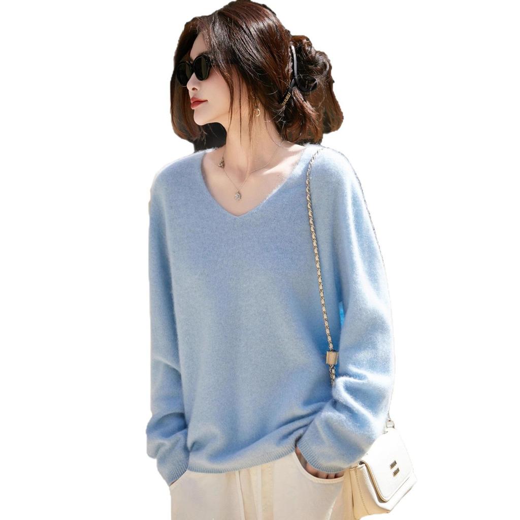 Women's V-neck Cashmere Wool Blend Long Sleeve Knit Pullover Sweater