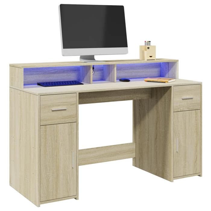 VidaXL Bureau avec lumières LED chêne sonoma bois d'ingénierie, bureau de travail, bureau d'étude, bureau à domicile, bureau 3309422