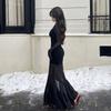Royal sister has a variety of black dresses for women's spring and autumn new pure desire sexy mesh stitching hip-wrapped long skirt
