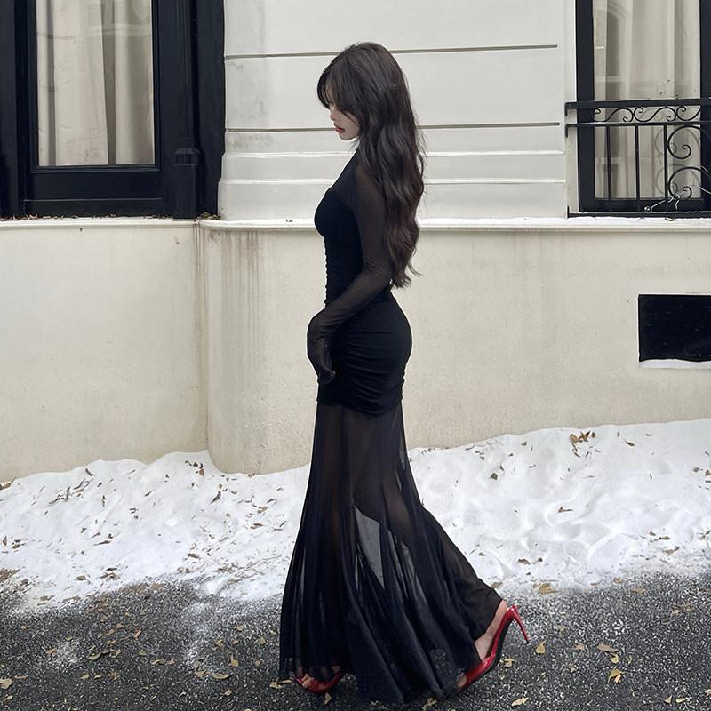 Royal sister has a variety of black dresses for women's spring and autumn new pure desire sexy mesh stitching hip-wrapped long skirt