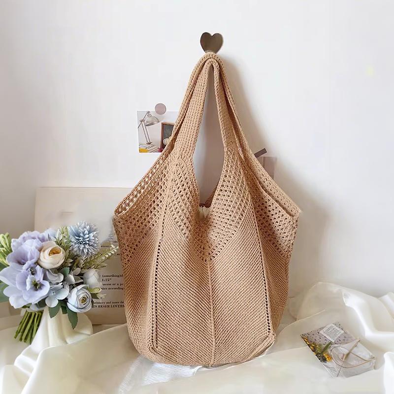 Yogodlns Casual Hollow Women Shoulder Bag Solid Color Large Capacity Summer Woven Beach Bag Foldable Handmade Crochet Tote Bag