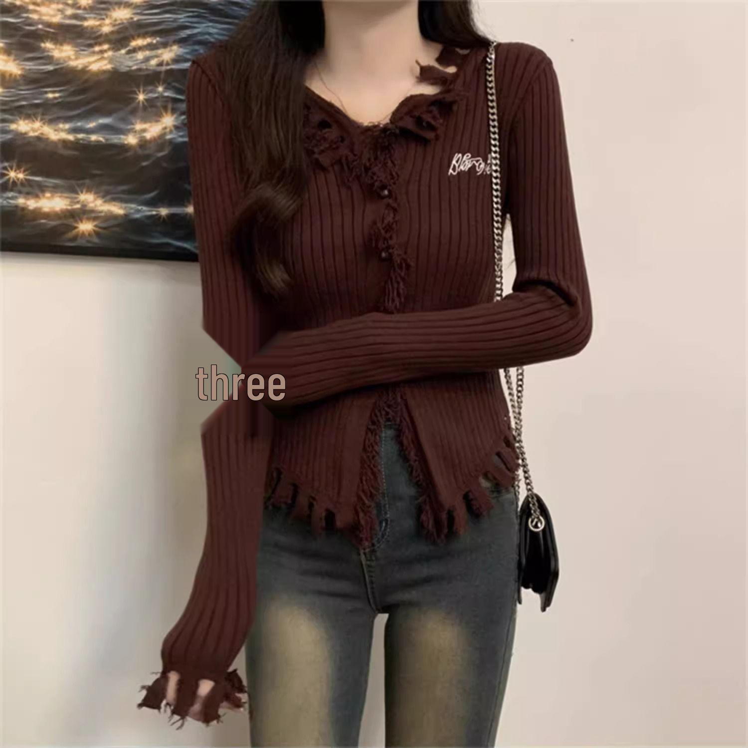 

Дизайн Sense Женский кардиган в рубчик с V-образным вырезом и кисточками - Весенне-осенний вязаный топ высокого класса One Size кофейный