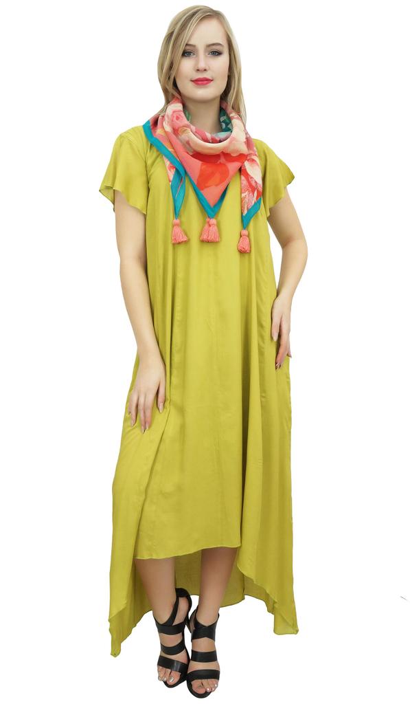 Bimba Women's Cotton Asymmetrical Hem Summer Pockets Dress With Scarf