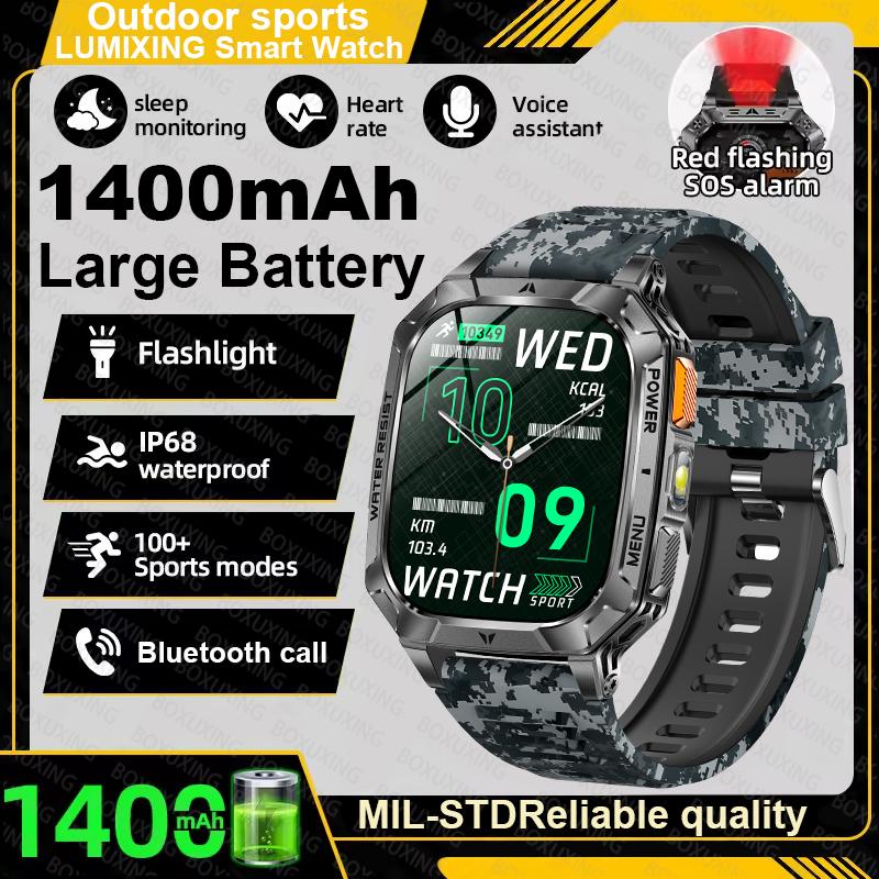 Military outdoor Smart Watch Fitness Clock Men 2.01 inch AMOLED Screen 1400mAh Battery Flashlight HD Call Waterproof Smartwatch
