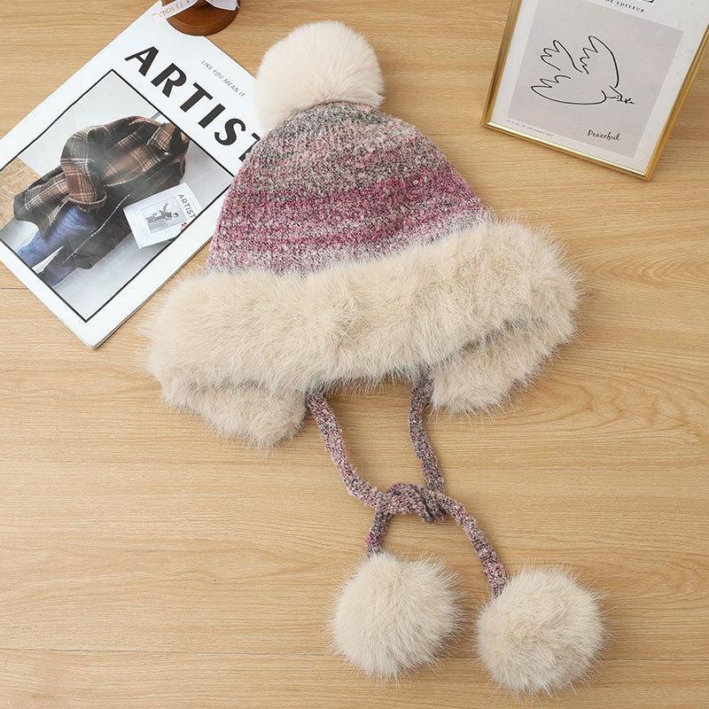 Ear Protection Knitted Thermal Hat Women's Autumn and Winter Piled Thickened Hairball Wool Colorful Hat