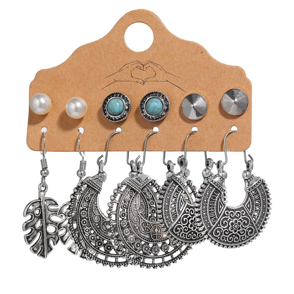 Bohemian Vintage Tibetan Silver Color Earring Sets For Women Ethnic Geometric Heart Shape Leaf Shell Drop Earrings Jewelry Gifts