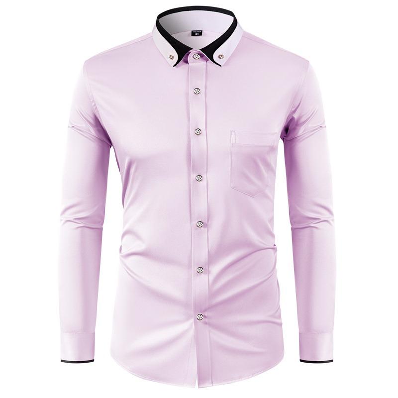 Men's Long Sleeve Stretch Shirt, Slim Fit Solid Color Shirt with Contrast Collar and Rhinestone Buttons, Button-Up Shirt Top