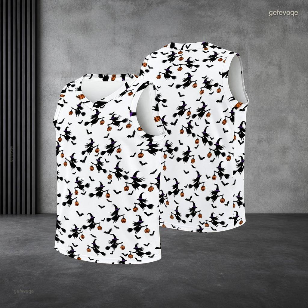 Men Plus Size V Neck Sleeveless Tank Top Halloween Mummy Pumpkin Printed White